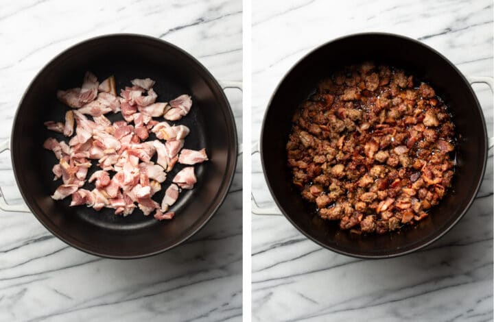 frying bacon and sausage in a soup pot