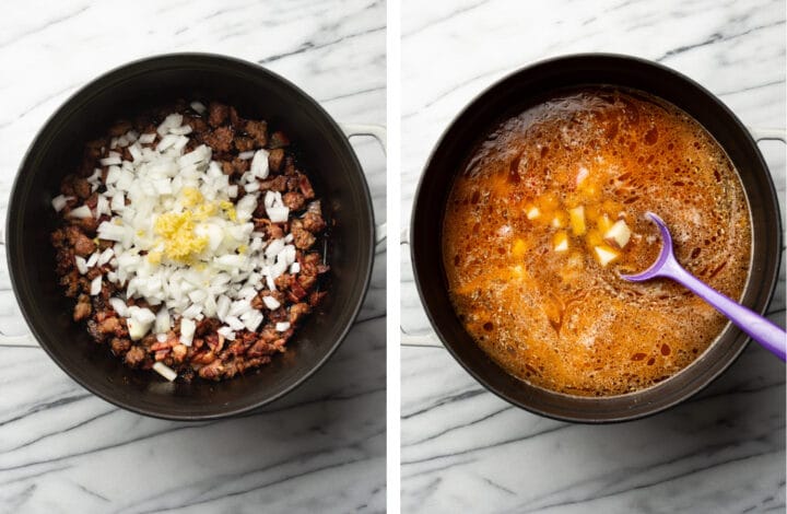 adding onion and broth to a soup pot for zuppa toscana