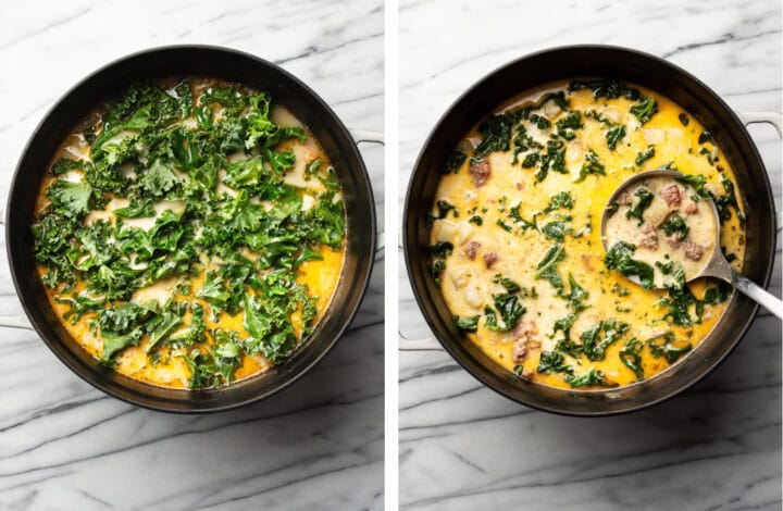 adding cream and kale to finish zuppa toscana