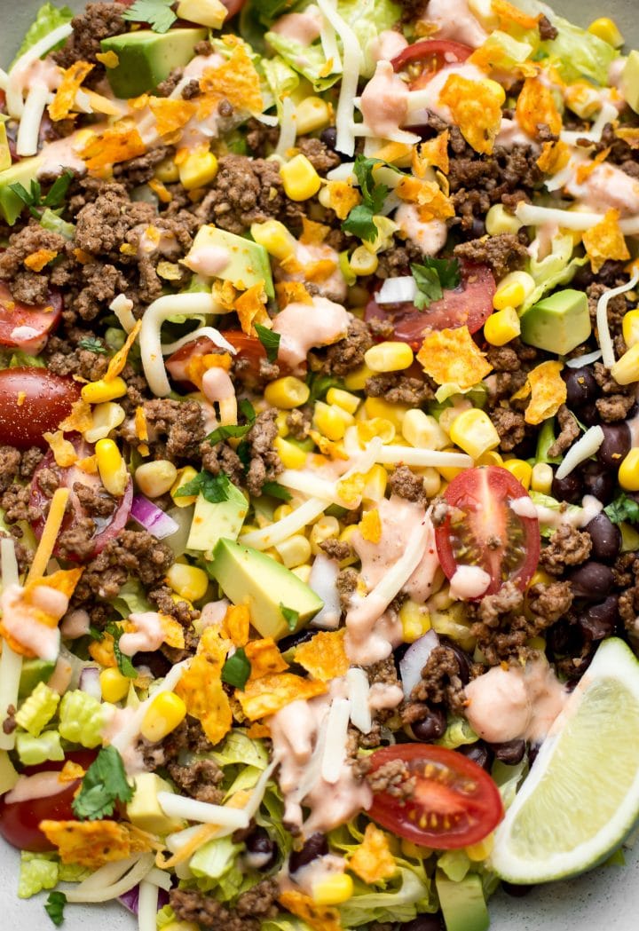 close-up of beef taco salad