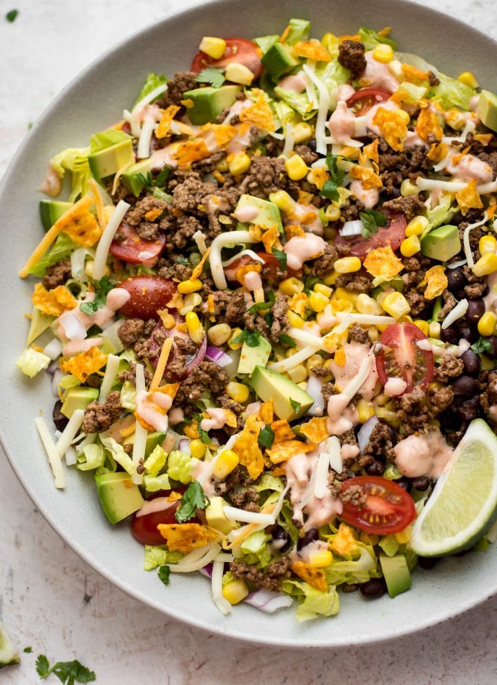 easy beef taco salad in a large salad bowl