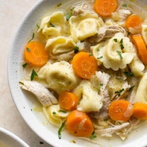 close-up of Instant Pot chicken tortellini soup