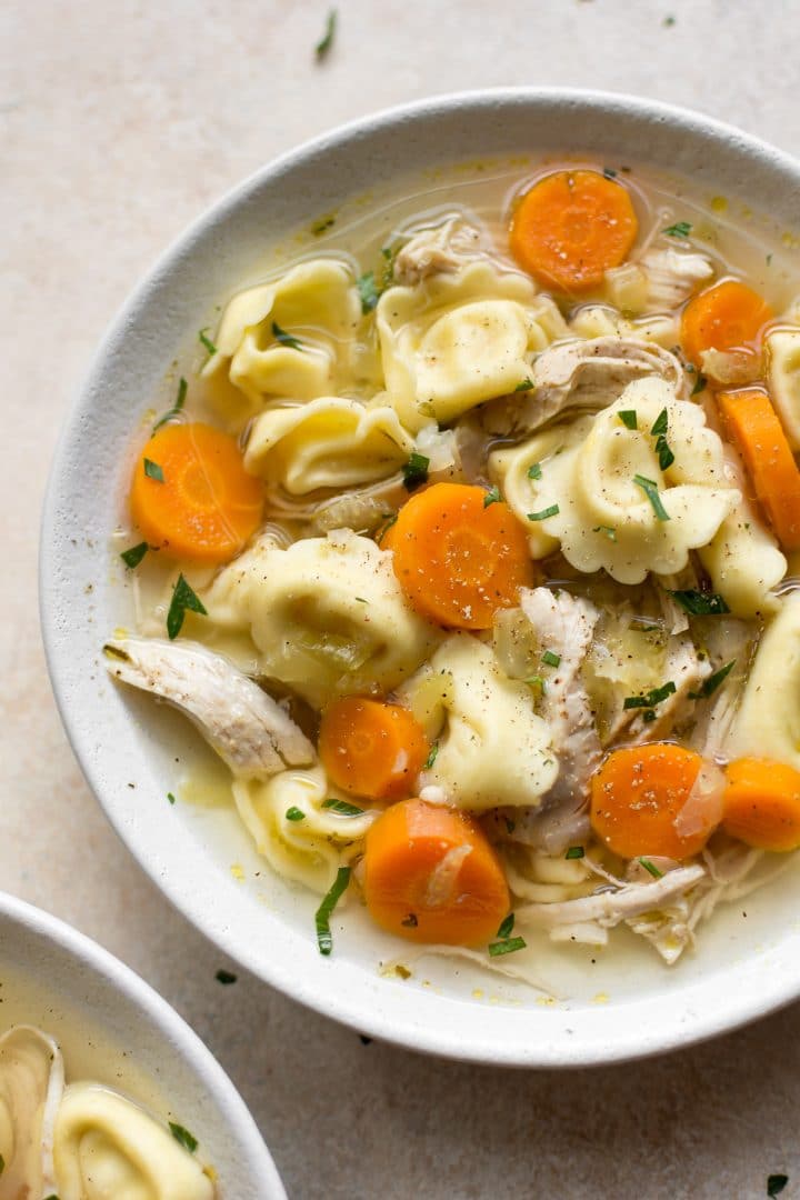 close-up of Instant Pot chicken tortellini soup