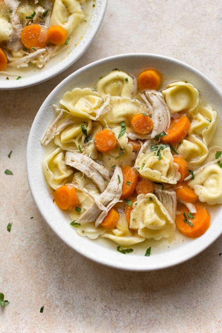 Instant Pot chicken tortellini soup in two bowls