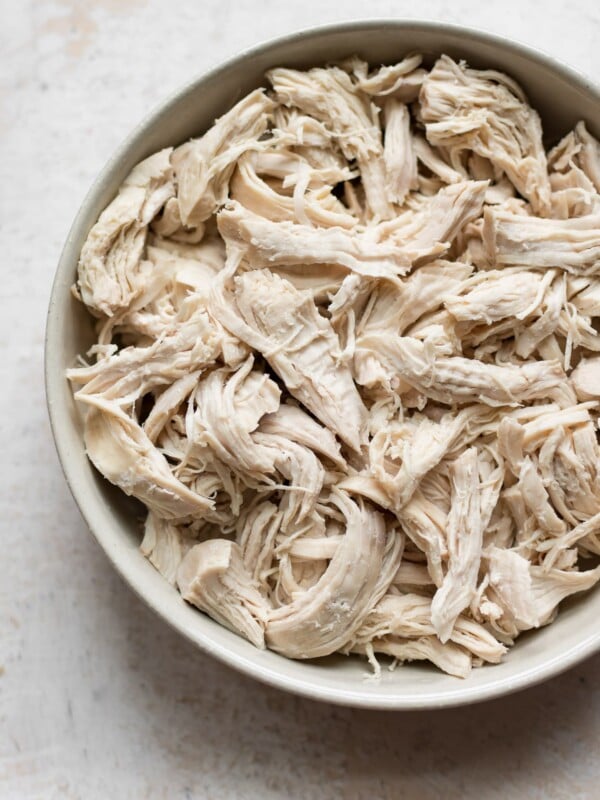 Bowl of shredded chicken breast