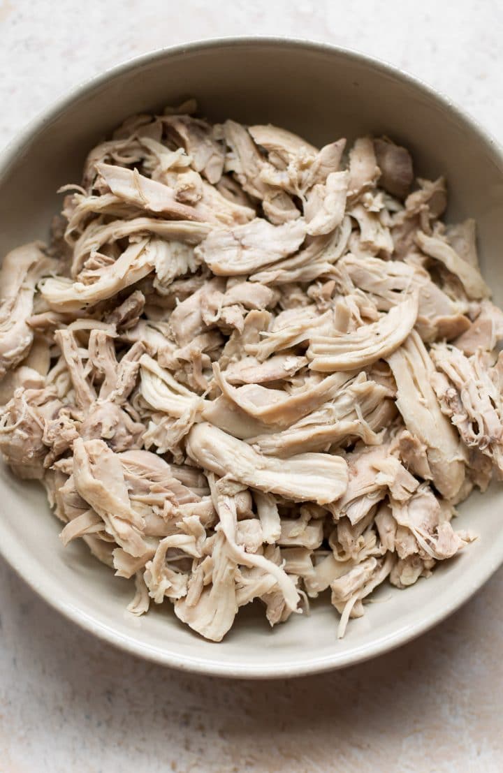Shredded chicken thighs in a bowl