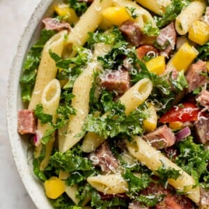 close-up of healthy kale pasta salad