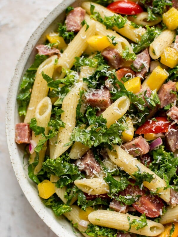 close-up of healthy kale pasta salad