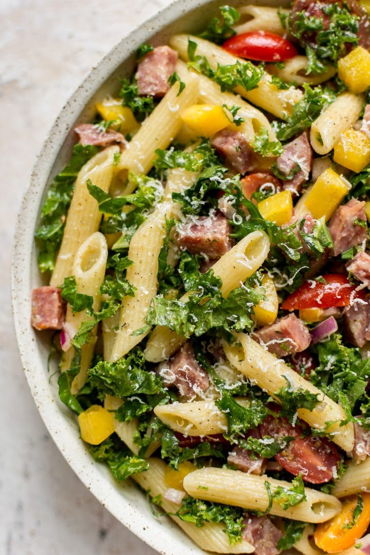 close-up of healthy kale pasta salad