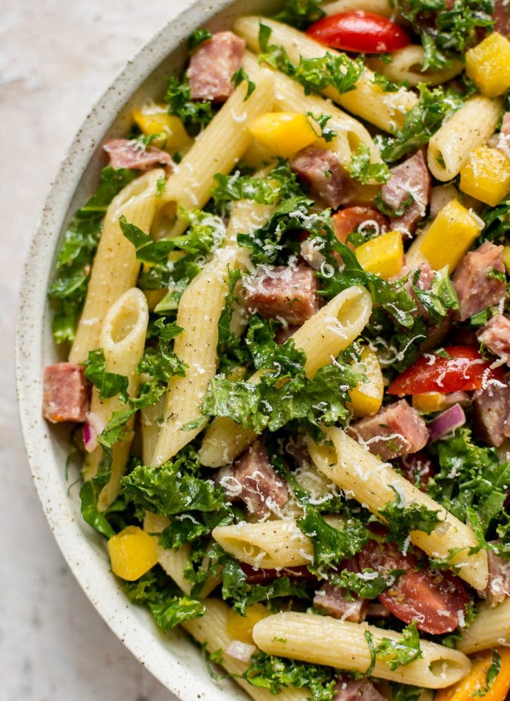 close-up of healthy kale pasta salad