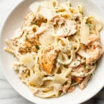 a bowl of lemon dill salmon pasta