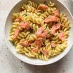 smoked salmon pasta close-up shot