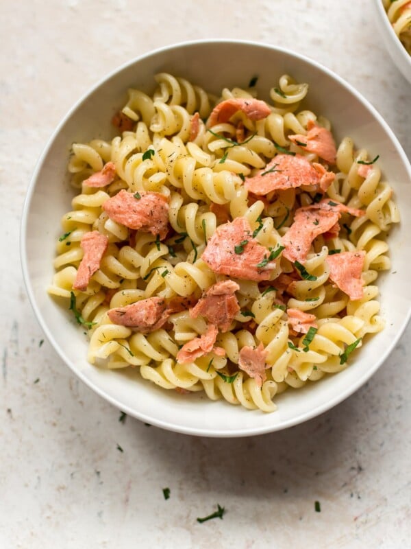 smoked salmon pasta close-up shot