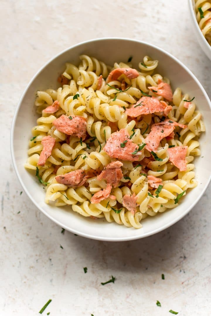 smoked salmon pasta close-up shot