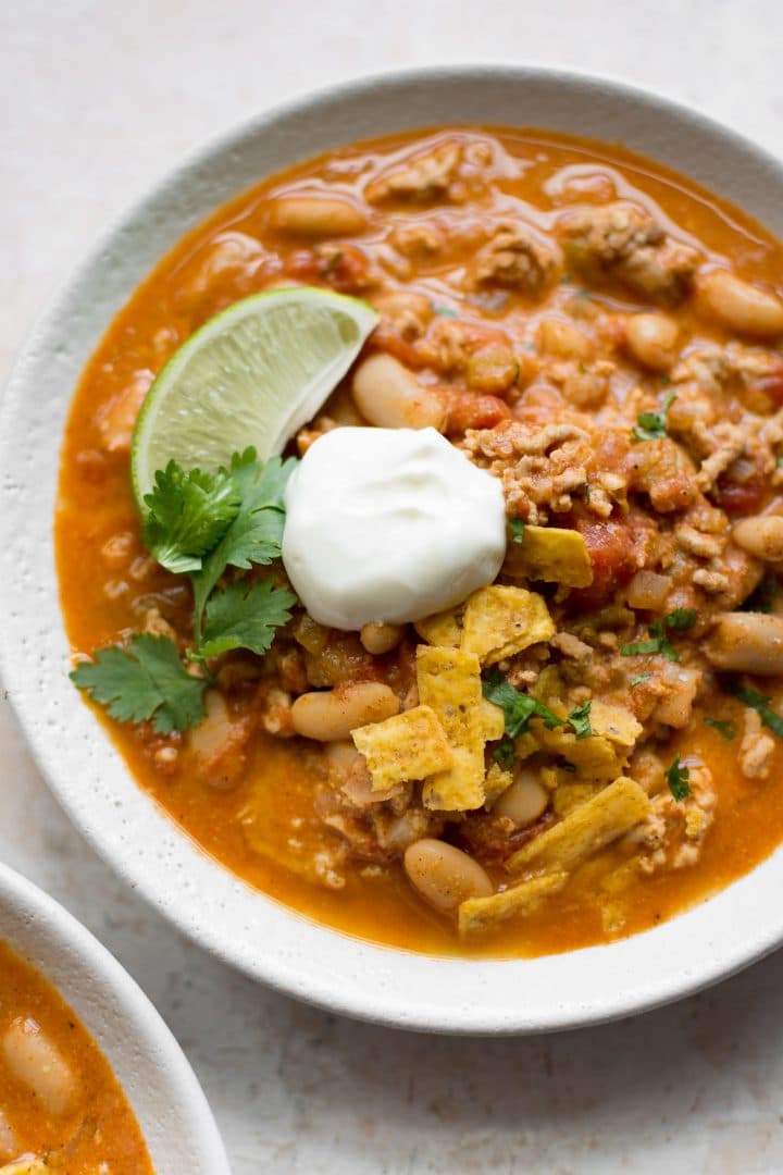 Turkey white bean chili close-up