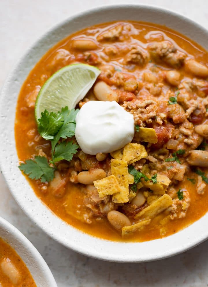 Turkey white bean chili close-up
