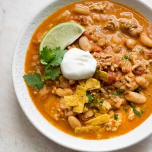 white bean turkey chili close-up