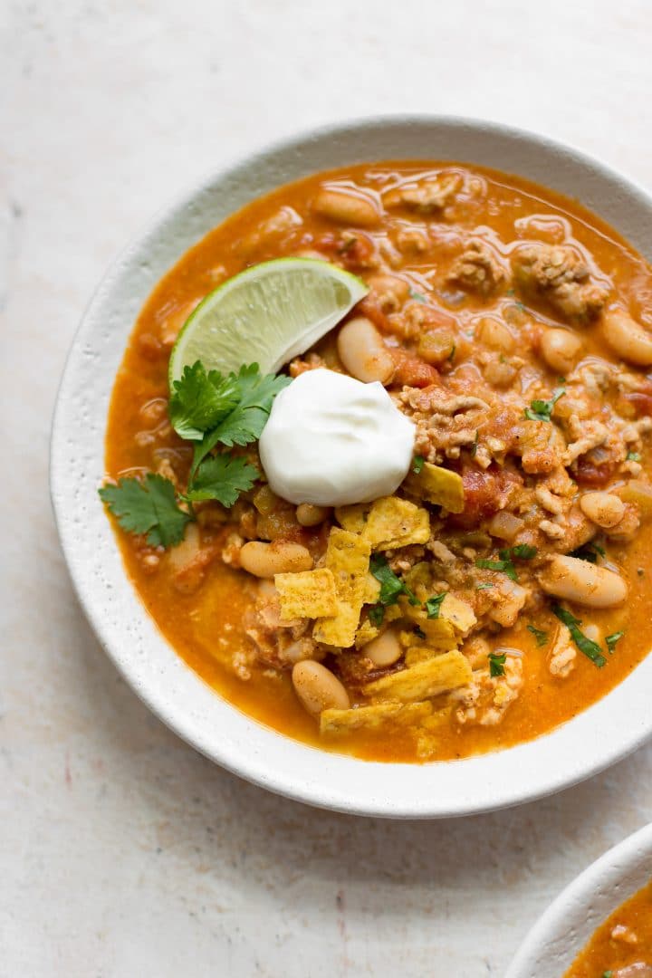 white bean turkey chili close-up