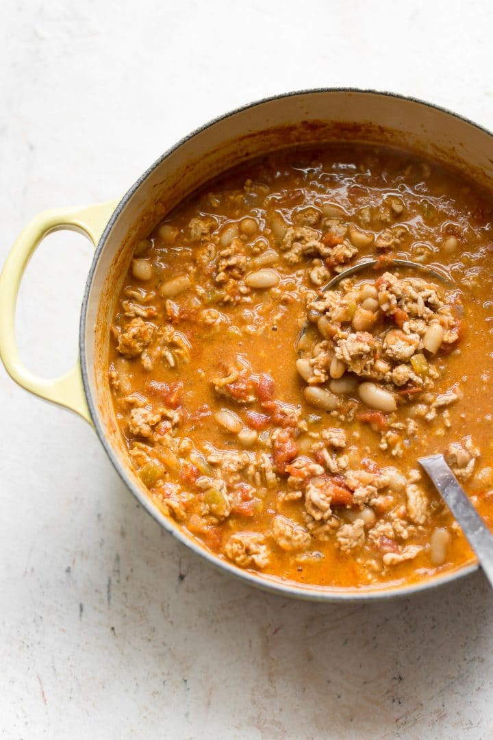 cast iron pot with turkey chili