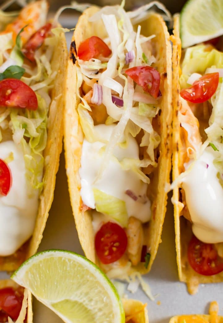 closeup of baked chicken tacos