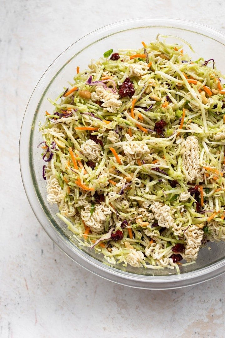 broccoli ramen slaw in a glass prep bowl