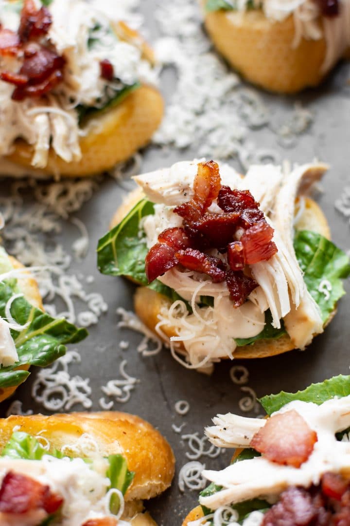 close-up of chicken Caesar baguette slices