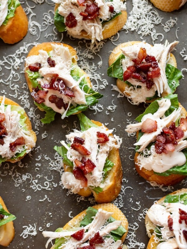 a dozen chicken Caesar crostini appetizers