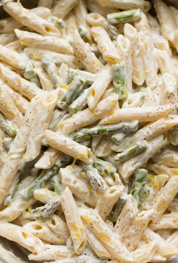 closeup of lemon asparagus pasta with penne