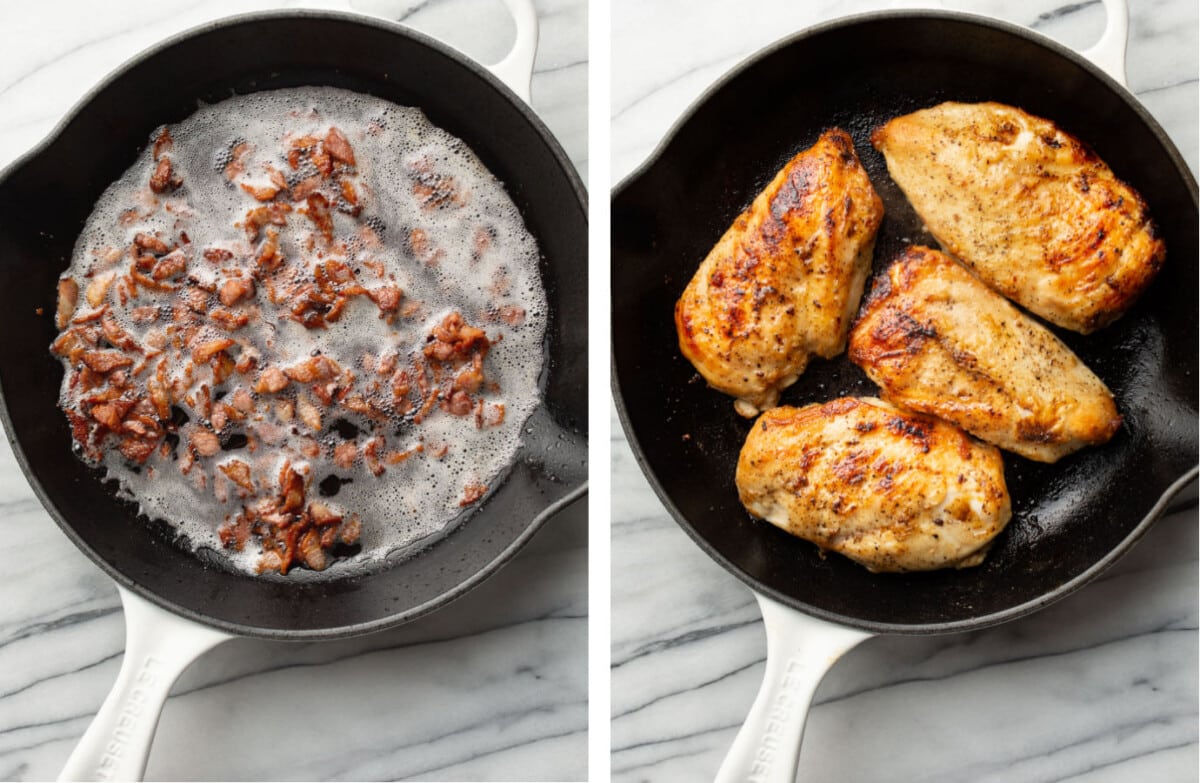 frying bacon in a skillet and then pan searing chicken
