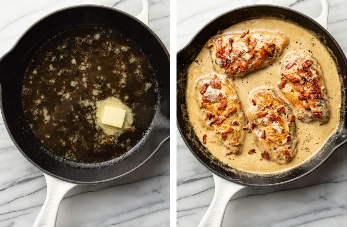 making the sauce for creamy bacon chicken in a skillet and returning the chicken