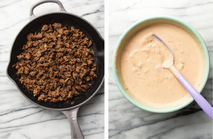 browning ground beef in a skillet and making taco salad dressing in a bowl