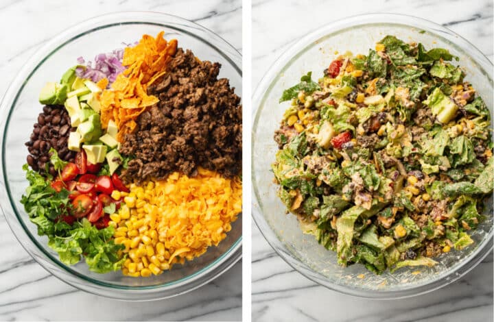 tossing taco salad in a large glass bowl