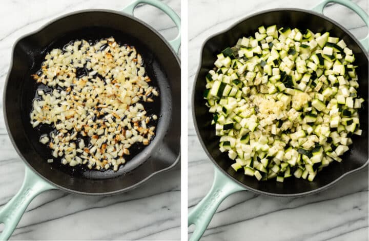 frying onions in a cast iron skillet and adding zucchini for pasta sauce