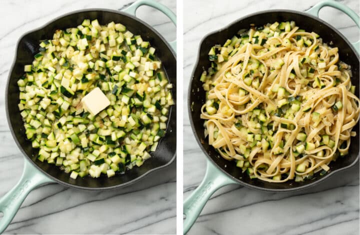 finishing making zucchini sauce in a skillet and tossing with fettuccine