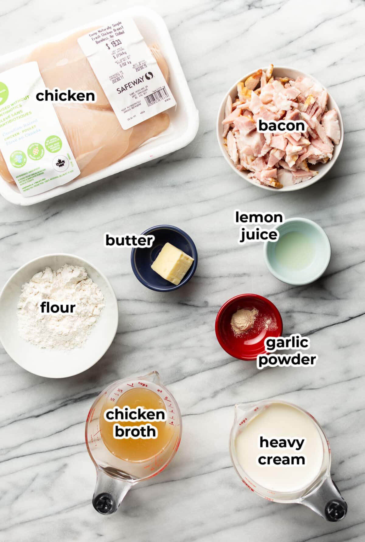 ingredients for creamy bacon chicken in prep bowls