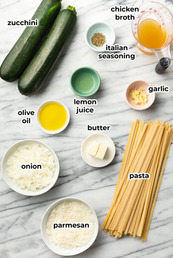 ingredients for zucchini pasta sauce in prep bowls