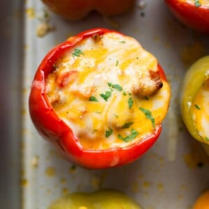 Close-up of Italian sausage stuffed peppers