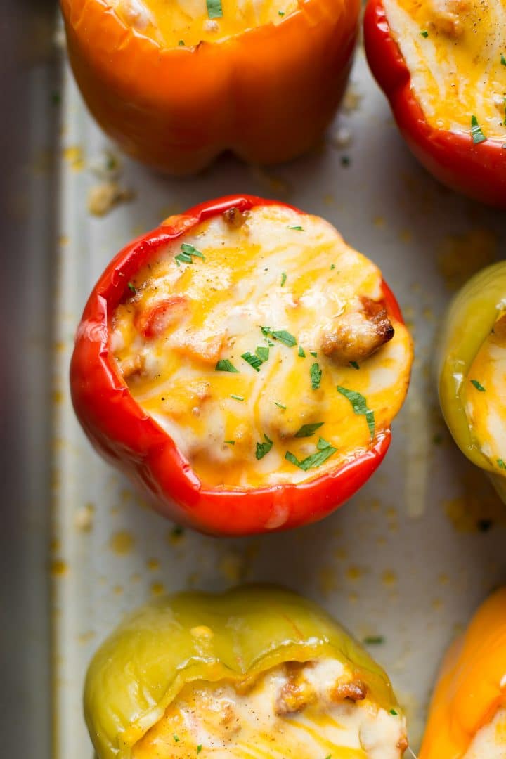 Close-up of Italian sausage stuffed peppers