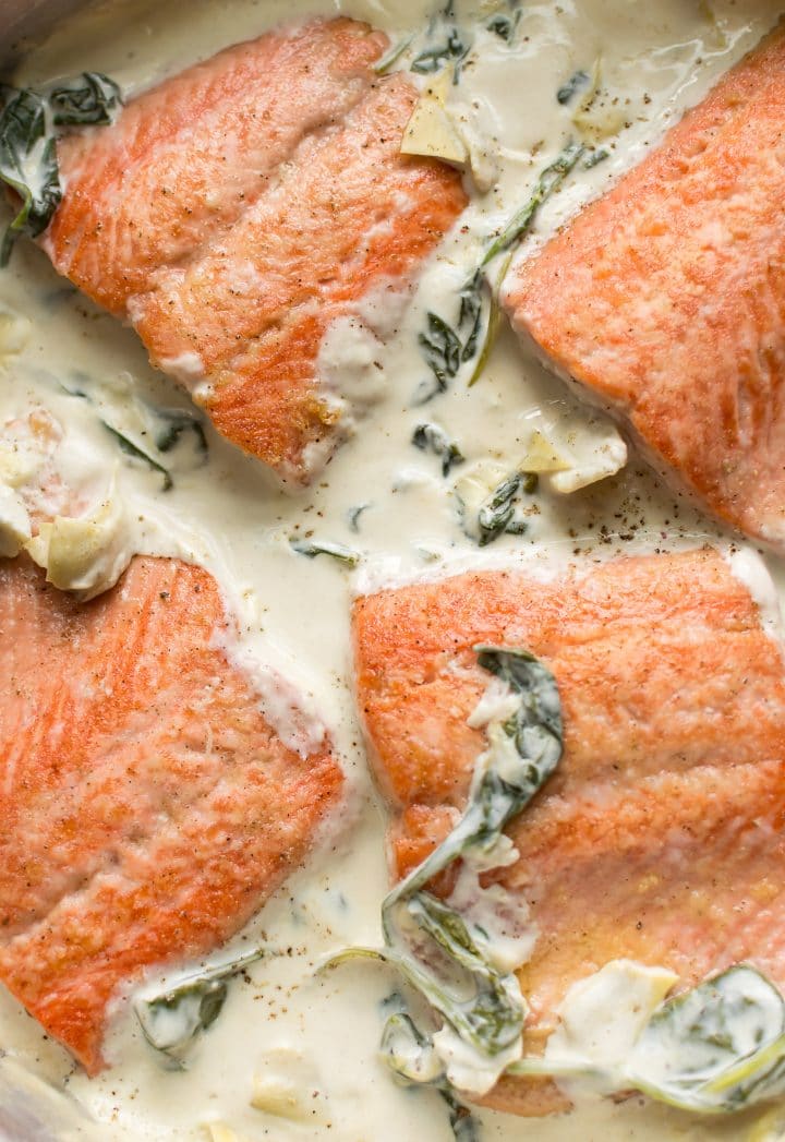 close-up of spinach artichoke salmon