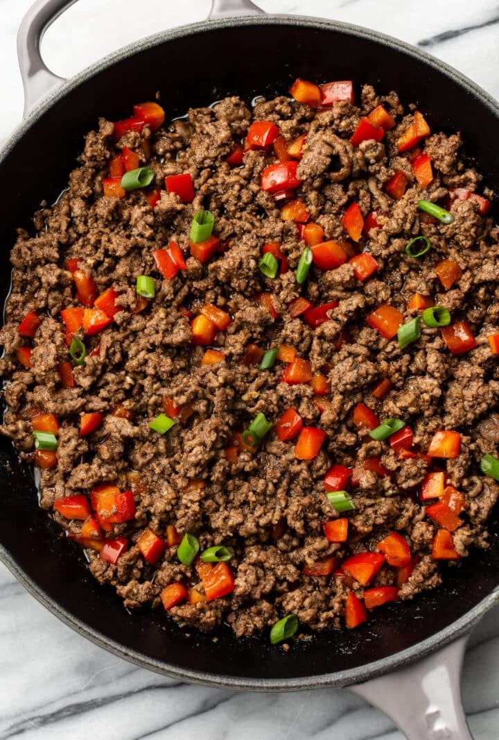 a skillet with korean inspired ground beef