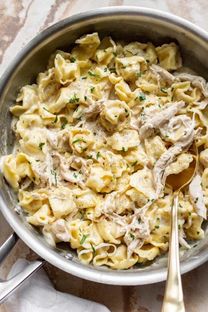 chicken tortellini Alfredo in a skillet