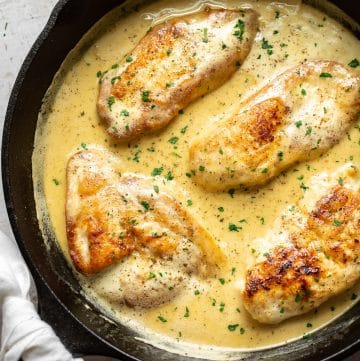 close-up of honey mustard chicken in a skillet