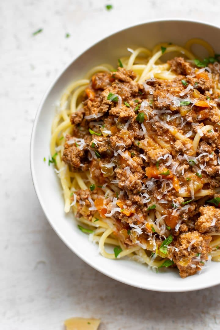 close-up of slow cooker homemade ragu sauce with pasta