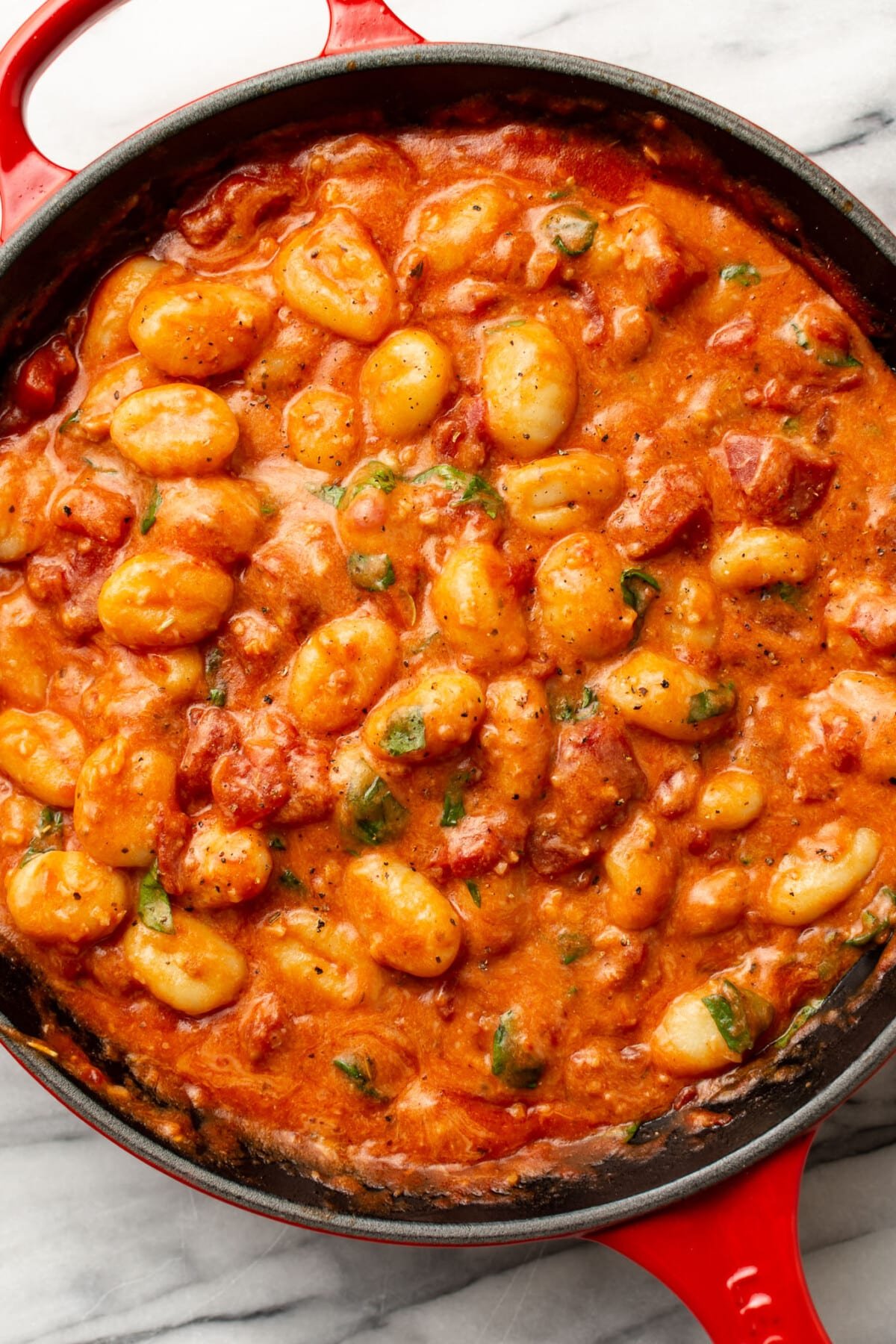 a skillet with gnocchi with tomato sauce