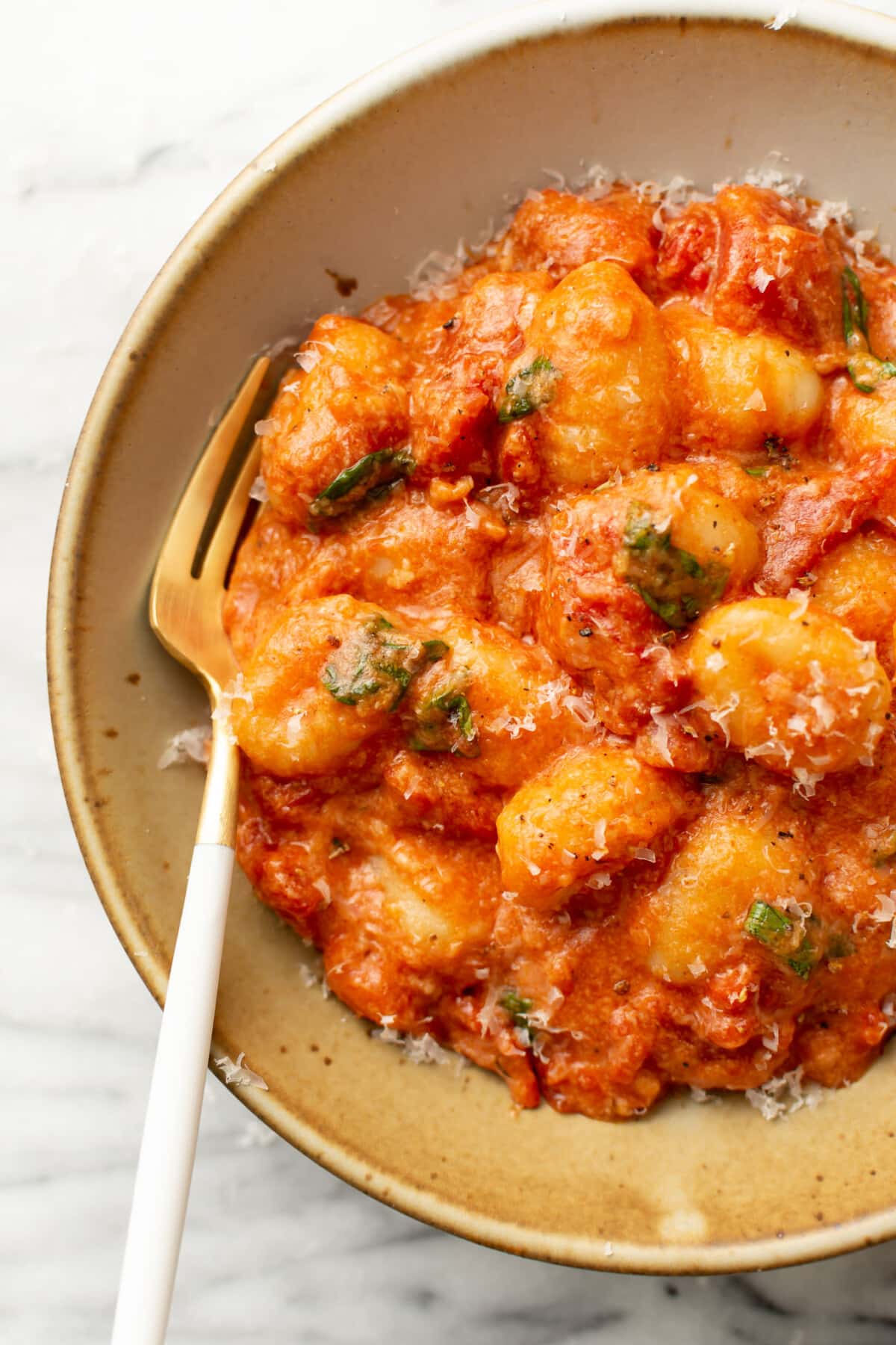 a bowl of gnocchi with tomato sauce and a fork