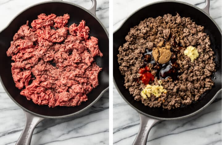 cooking ground beef in a skillet and adding in sauce ingredients