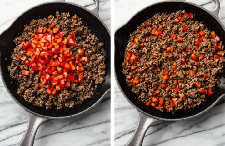 adding red bell pepper to a skillet with seasoned ground beef