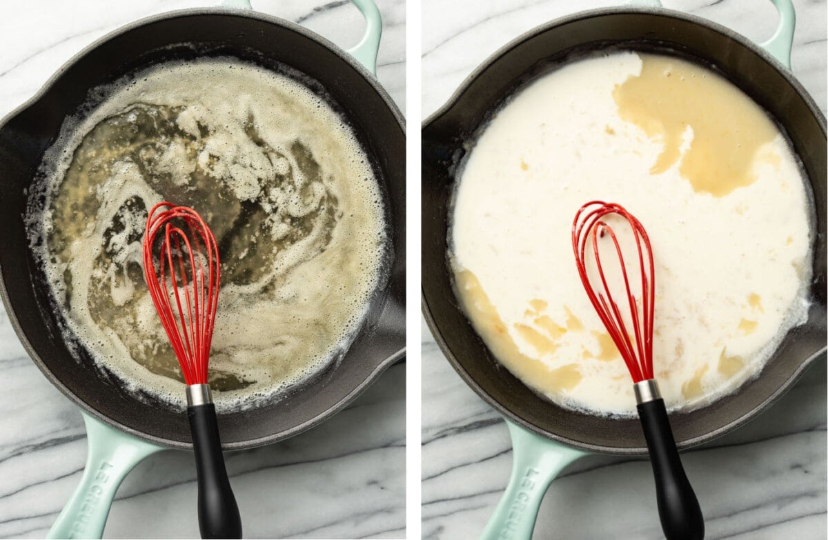 making a roux in a skillet for chicken alfredo and whisking in chicken broth