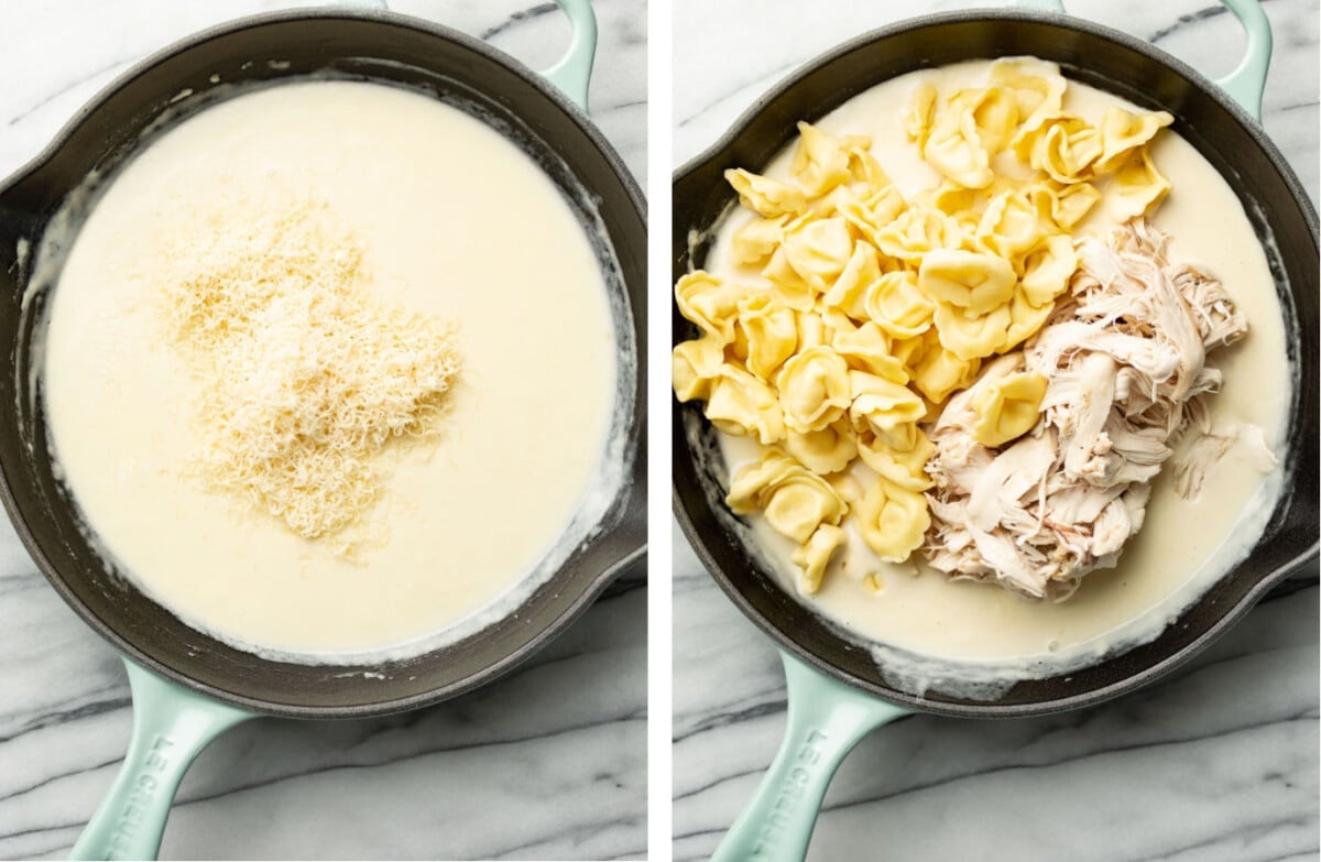 adding parmesan to a skillet for alfredo sauce and tossing with chicken and tortellini