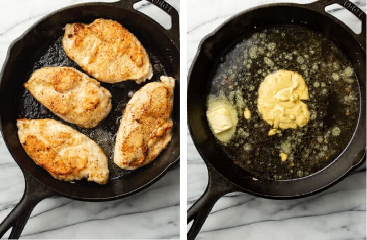 pan frying chicken in a skillet and making honey mustard sauce